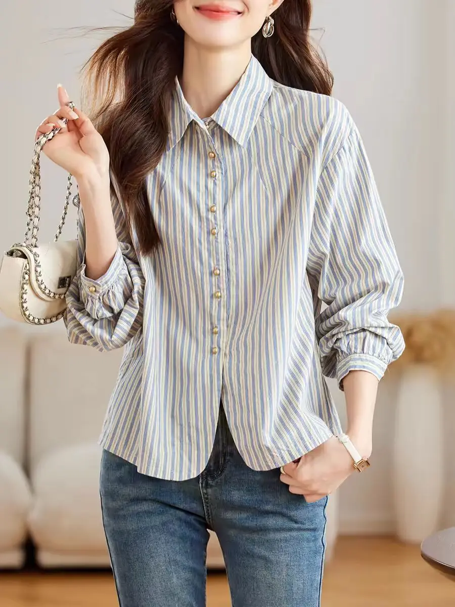 

Striped Shirt Women's Long Sleeved 2025 Spring Outfit New Button Top Korean Version Casual Loose Cotton Shirt