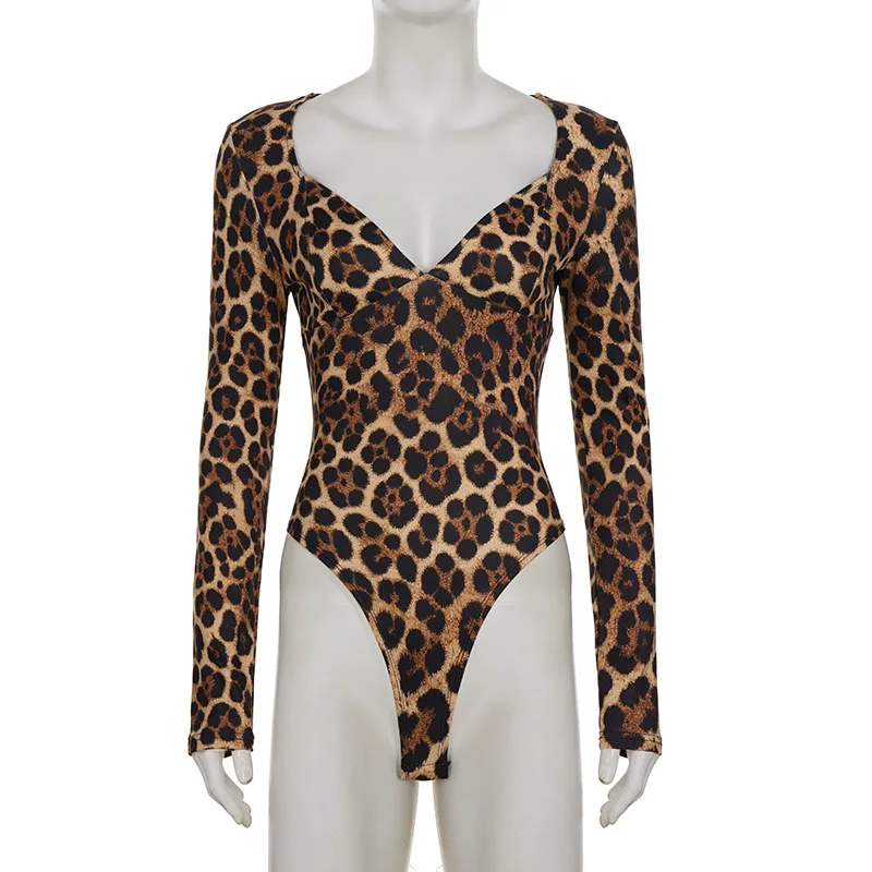 2026 New Leopard Print Long-sleeved Onesie Spice Girl Slim V-neck Waist Playsuit Jumpsuit Women