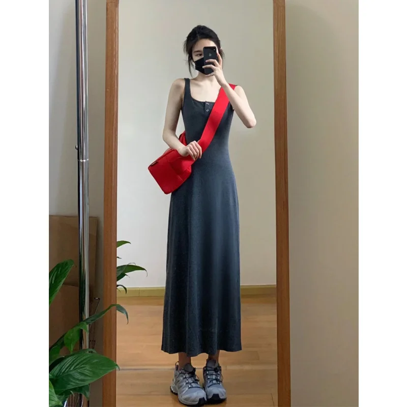 

Summer New Black and Dark Grey Slip Dress Solid Color Loose Sleeveless Simplicity Dresses Temperament Fashion Women Clothing