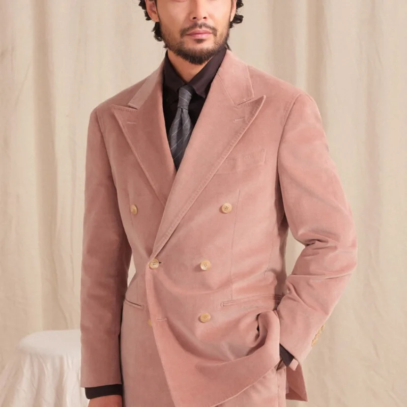 

Italian Retro Casual Men's Suit Corduroy 2-piece Set, Double Row Buckle Lapel Loose Fitting Suit, Wedding Banquet Party Costume