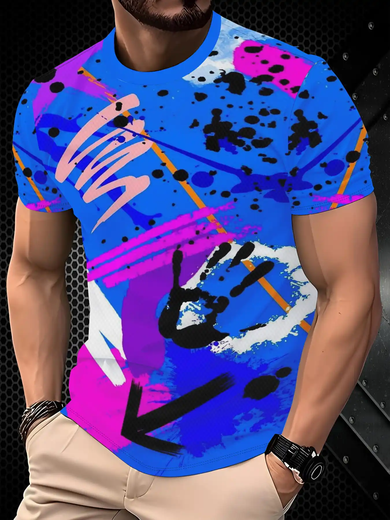 Men Bright Blue Graffiti Splash Arrow Print T-shirt O-neck Short Sleeve Hip Hop Street Casual Tops