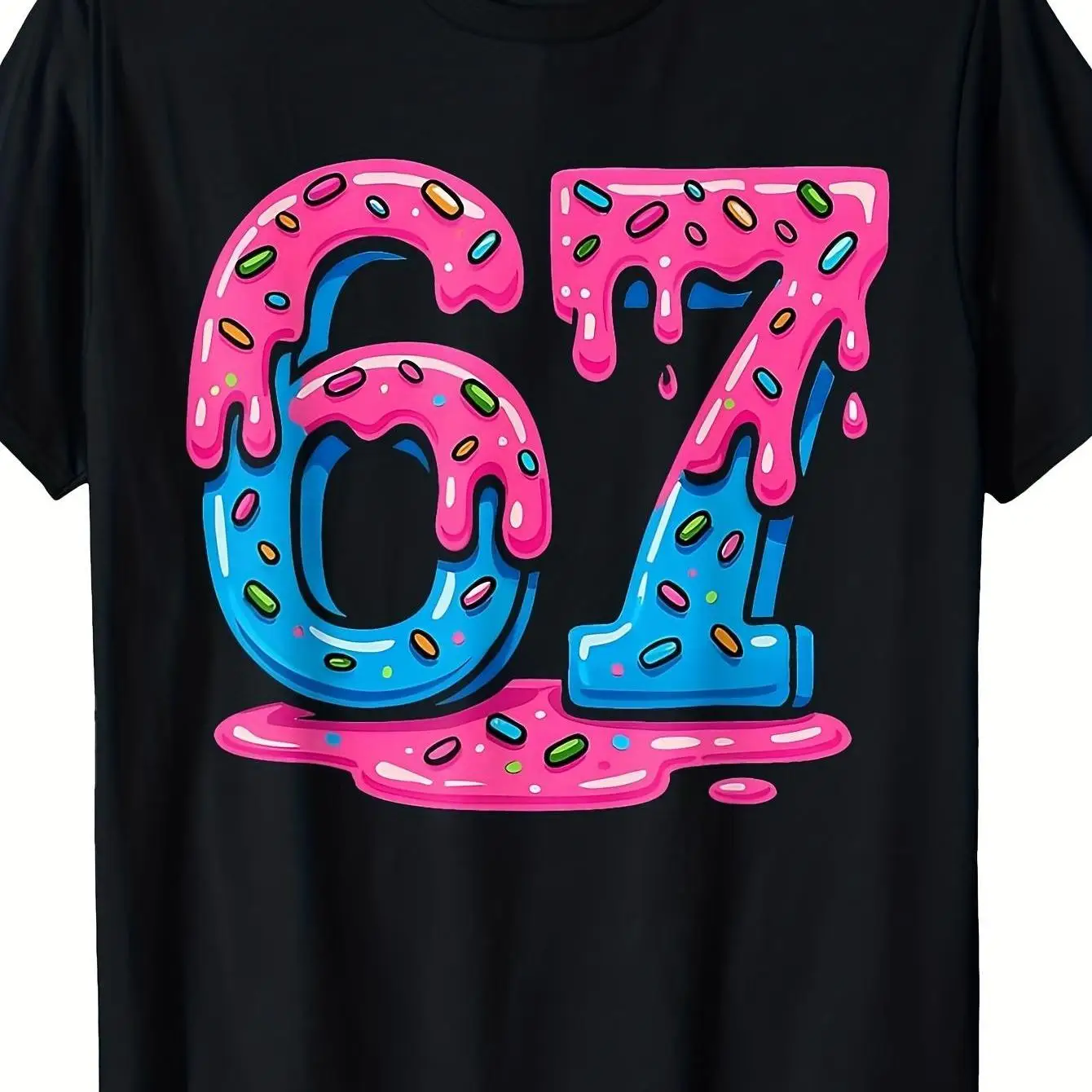 Men's Graffiti Drippy 67 Donut Cotton T-Shirt, Pink Blue Candy Sprinkle Graphic Tee, Black Short Sleeve Top