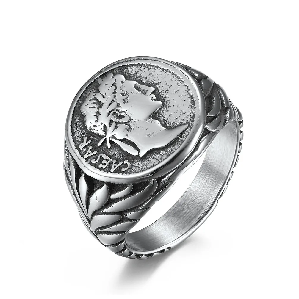 Vintage Roman Caesar Rings Stainless Steel Statement Thumb Middle Knuckle Finger Ring Coin Biker Cool Jewelry Gifts for Men