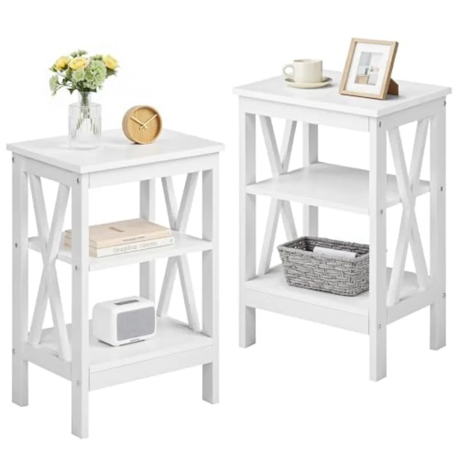 

End Table Set of 2, Bedside Table, 24" Tall Living Room End Tables, X-Design Reinforced Nightstands, Side Table with 3-Tier Sto