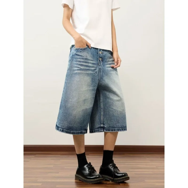 Summer Women's Cat Whisker Breasted Denim Shorts Wide Leg Streetwear High Waist Half Trousers Female Unisex Calf-length Pants