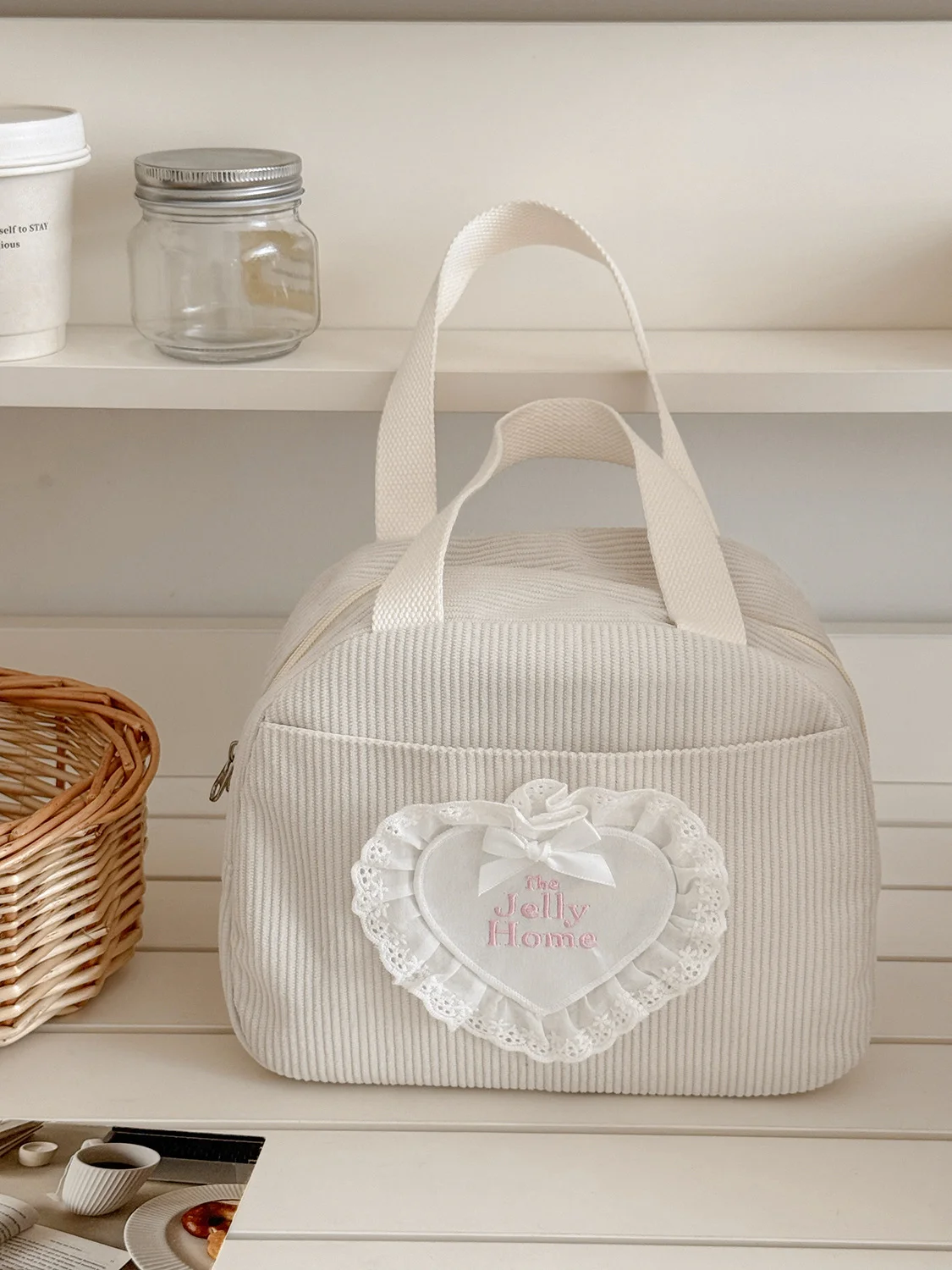 YT Commuting Große Kapazität Handtasche Spitze Herz Cord Lunchbox-Tasche Neue Studenten-Arbeits-Lunchbox Aufbewahrungstasche – Detail 2