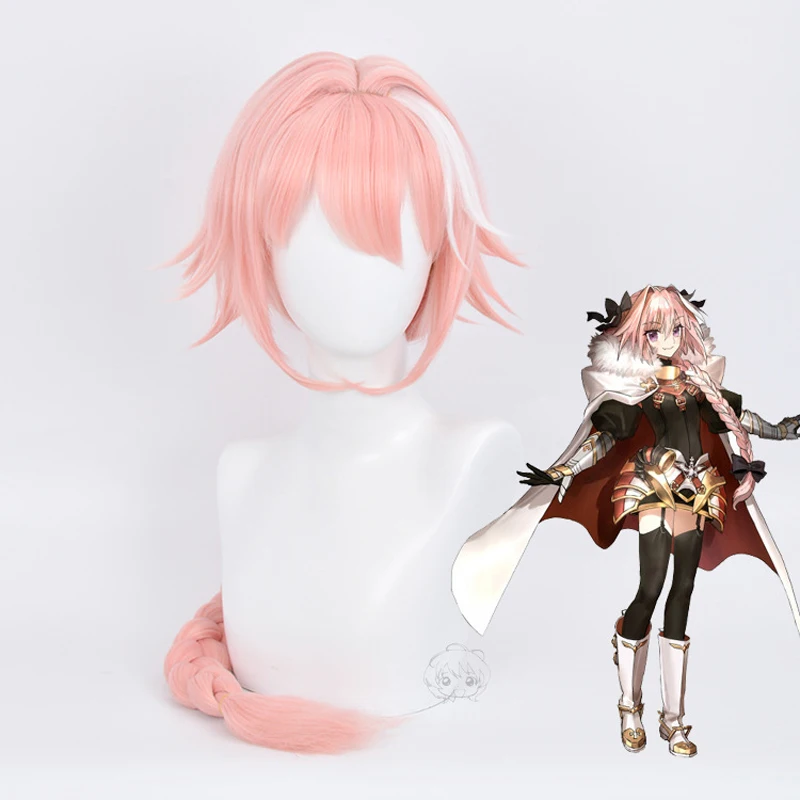 เกม Fate Apodosis Astolfo คอสเพลย์วิกผม75ซม.สีชมพูวิกผมสังเคราะห์ทนความร้อน + ตาข่ายคลุมผมสำหรับใส่วิก + 3สีดำ Bowknots