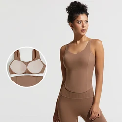 Canottiere da allenamento Fitness con scollo a V da donna con ripiano reggiseno incorporato con imbottitura fissa abbigliamento sportivo gilet sportivo lungo per palestra Yoga