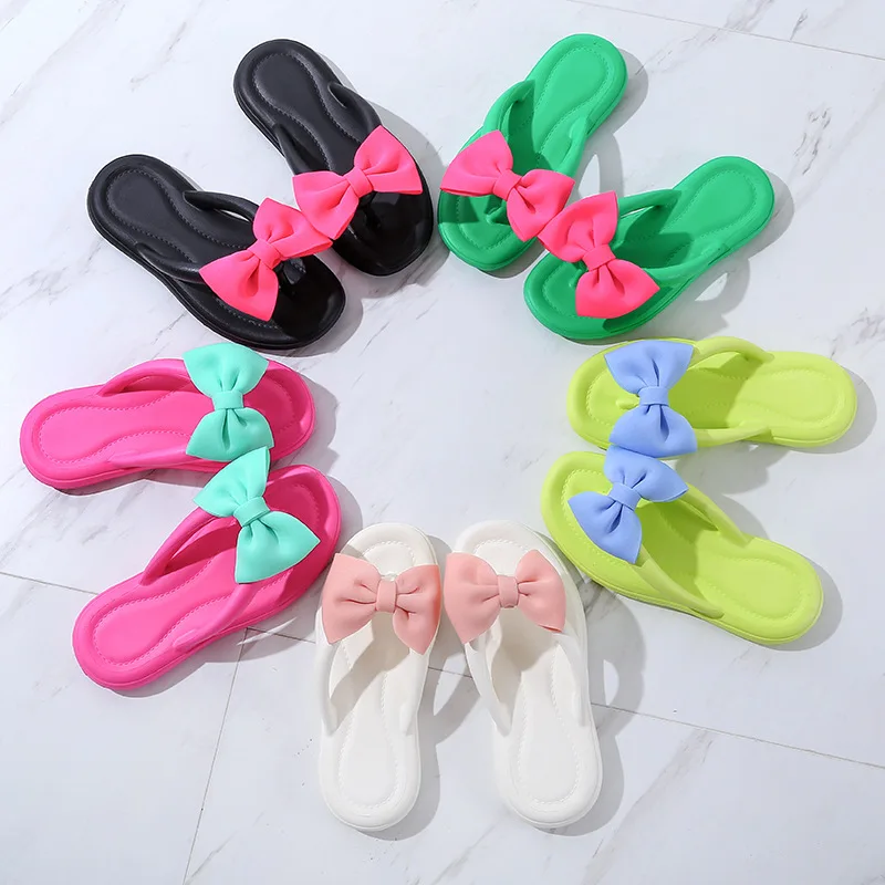 Neue Sommer-Damen-Flip-Flops mit Schleife und Dicker Sohle, EVA Weiche Rutschfeste Strand-Slides, Mädchen Casual Sandalen für Drinnen und Draußen