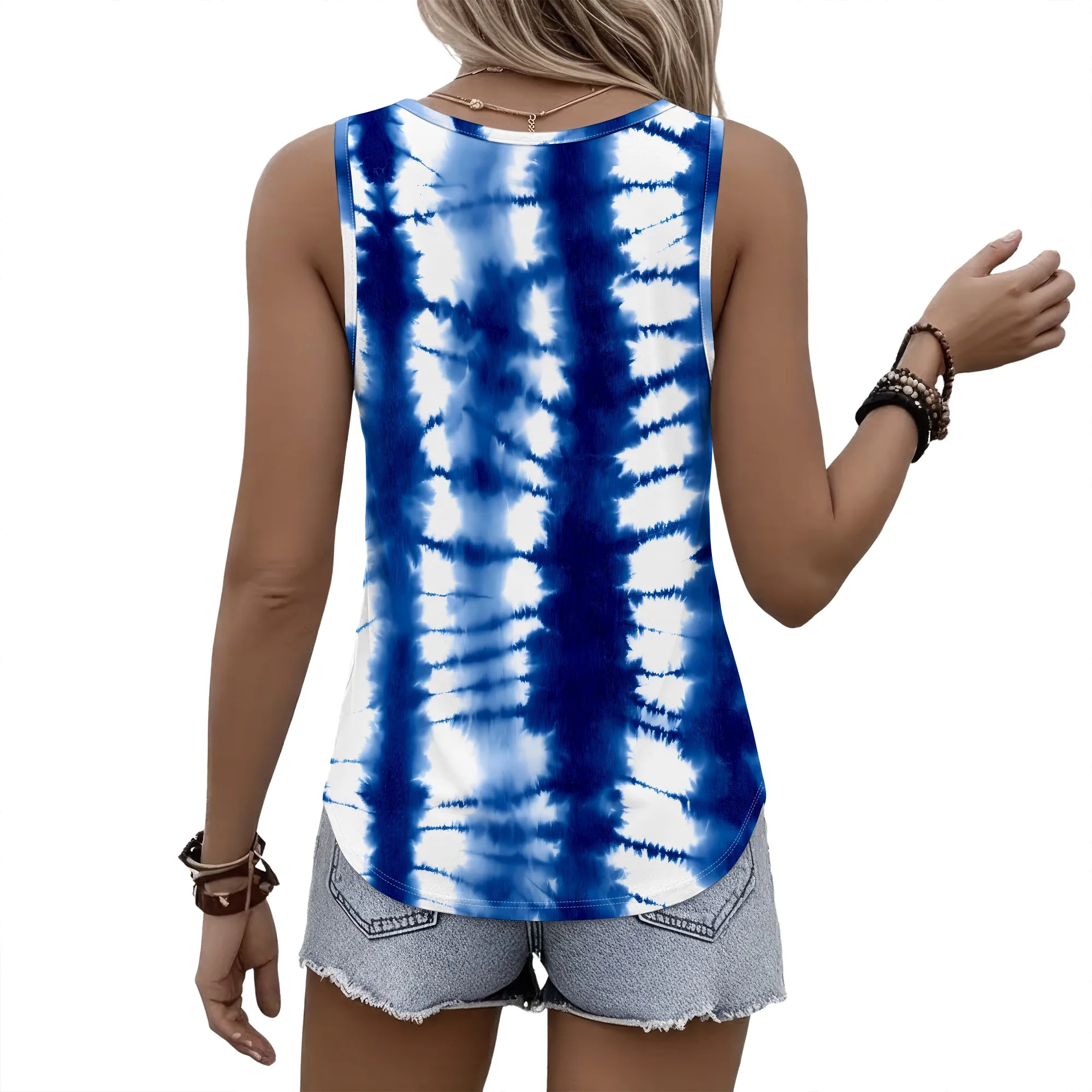 Blue Tie Dye Tank Top, Sleeveless Graphic Tee, Summer Casual Blouse, Vacation Beach Wear, S-2XL