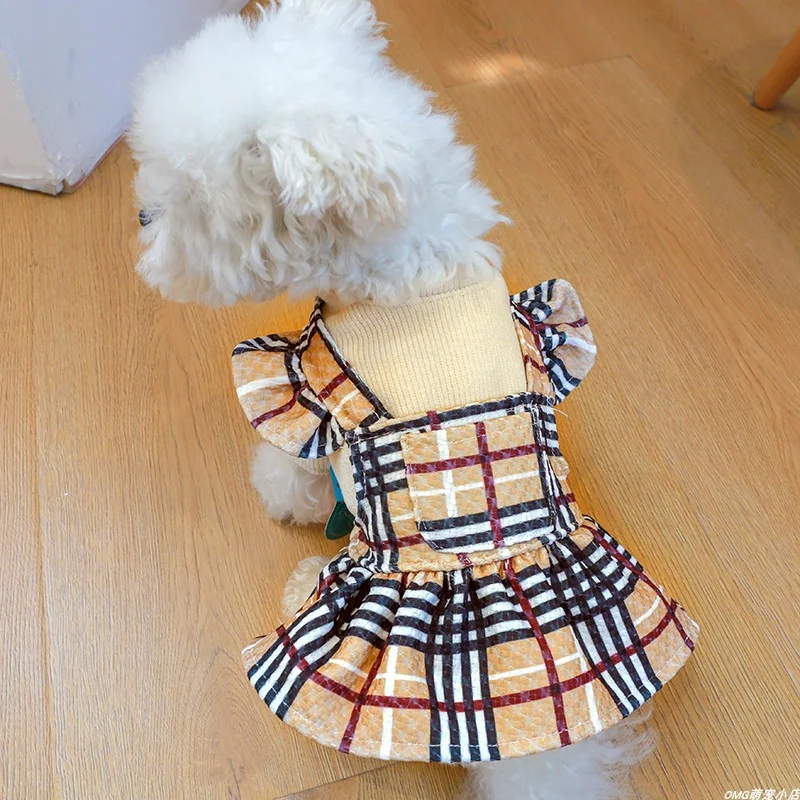 1PC pet clothing, cat spring and autumn toffee coffee plaid patchwork princess skirt suitable for small and medium-sized dogs