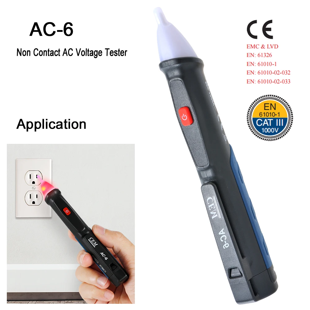 

CEM-AC-6 Voltage Tester, Non-Contact Low Voltage Tester Pen, 50V to 1000V AC, Audible and Flashing LED Alarms, Pocket Clip