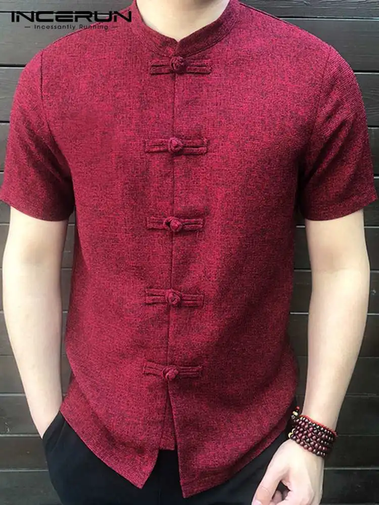 INCERUN-Camisa de estilo chino para hombre, camisa de manga corta con cuello levantado y botones, Tops sueltos informales, traje Tang Vintage de Color sólido, 2023