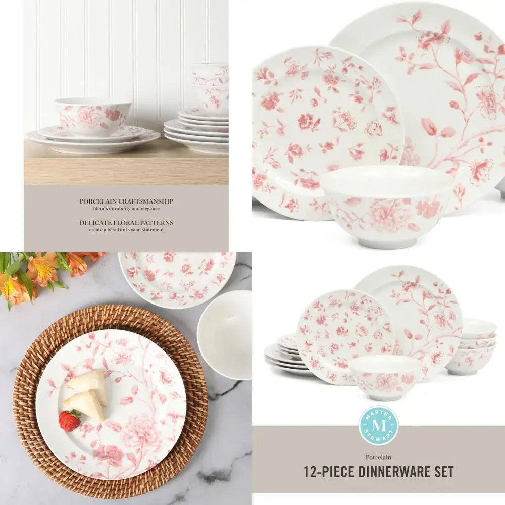 

Розовый фарфоровый набор посуды с цветочным принтом, 12 предметов, с украшенными тарелками и мисками — устойчивый к фишкам и царапинам