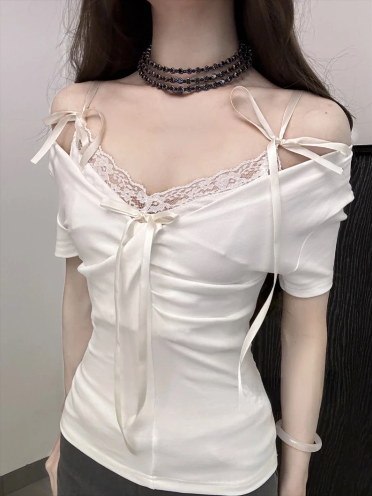 Fashion Sweet V-neck Off Shoulder Short Sleeve T-shrits+ Sexy Slim Fit Bow Lace Camisole Vest 2024 Summer New Two Piece Sets