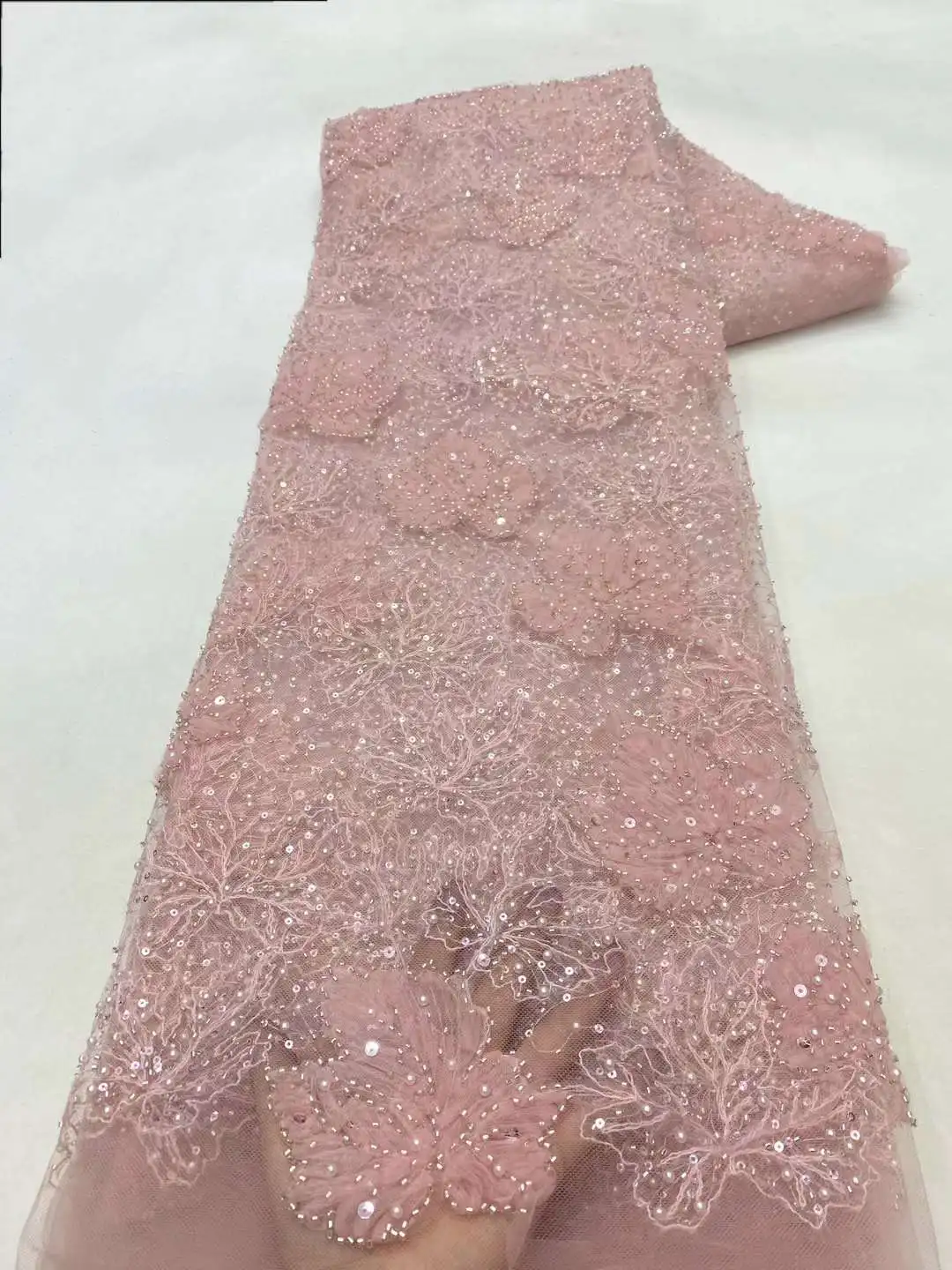 

Latest French Tulle Beaded Sequins Lace Fabric 5 Yards 2024 High Quality Nigerian African Lace Fabric For Wedding Party Dresses