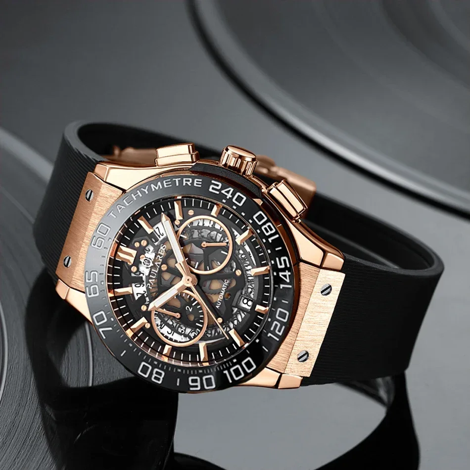 Luxury Chronograph Skeleton Ceramic Bezel Blue Luminous Automatic See Through Rose Gold Titanium Rubber Men Quartz Watch