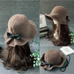 Neue Vintage Wolle Eimer Hüte Damen Bowler Hut Mode Schleifen Becken Hut Fischer Hut Frau Winter schwarzen Kaffee dunklen Kamel Hut