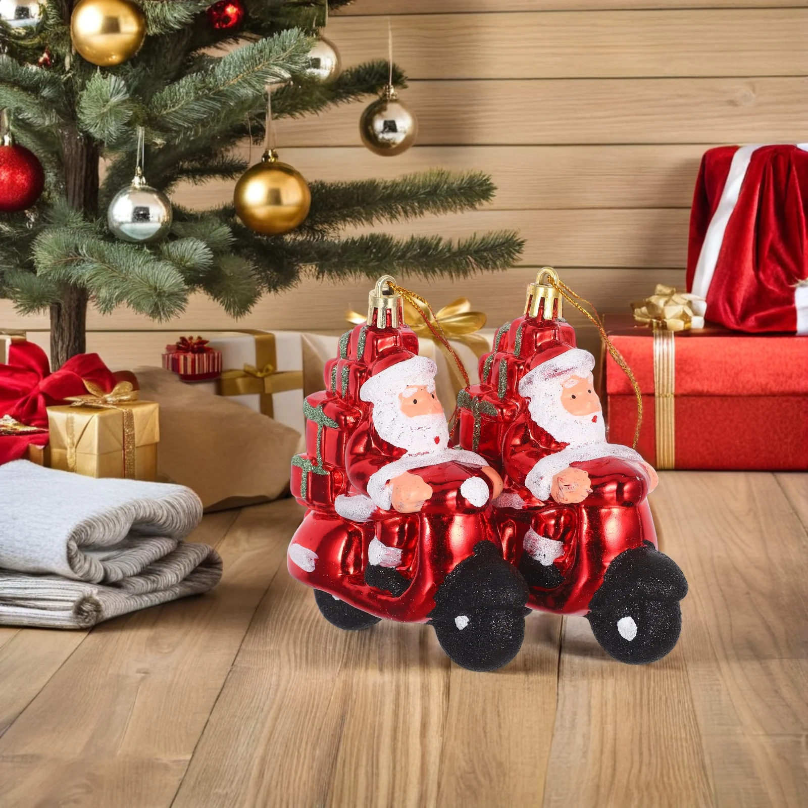 

2Pcs Holiday Christmas Decorations: Playful Santa Claus Riding Motorcycle Ornament for Tree Pendant Seasonal Festive Display