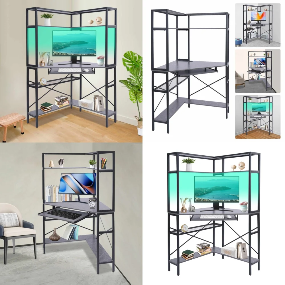 

Computer DesksCorner Computer Desk with LED Lights and Built in Power Outlet for Home Office