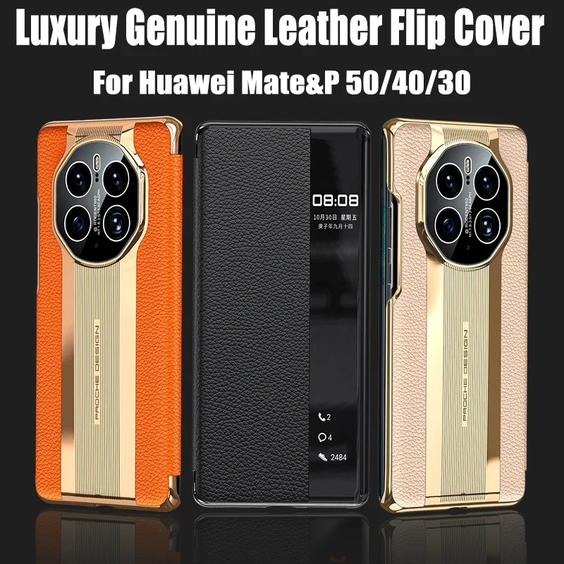 

Genuine Leather Flip Cover Case for HUAWEI Mate 60,50,40,30 Pro Plus, Honor Magic 3, 4, Smart View Wake Sleep, Show Call ID