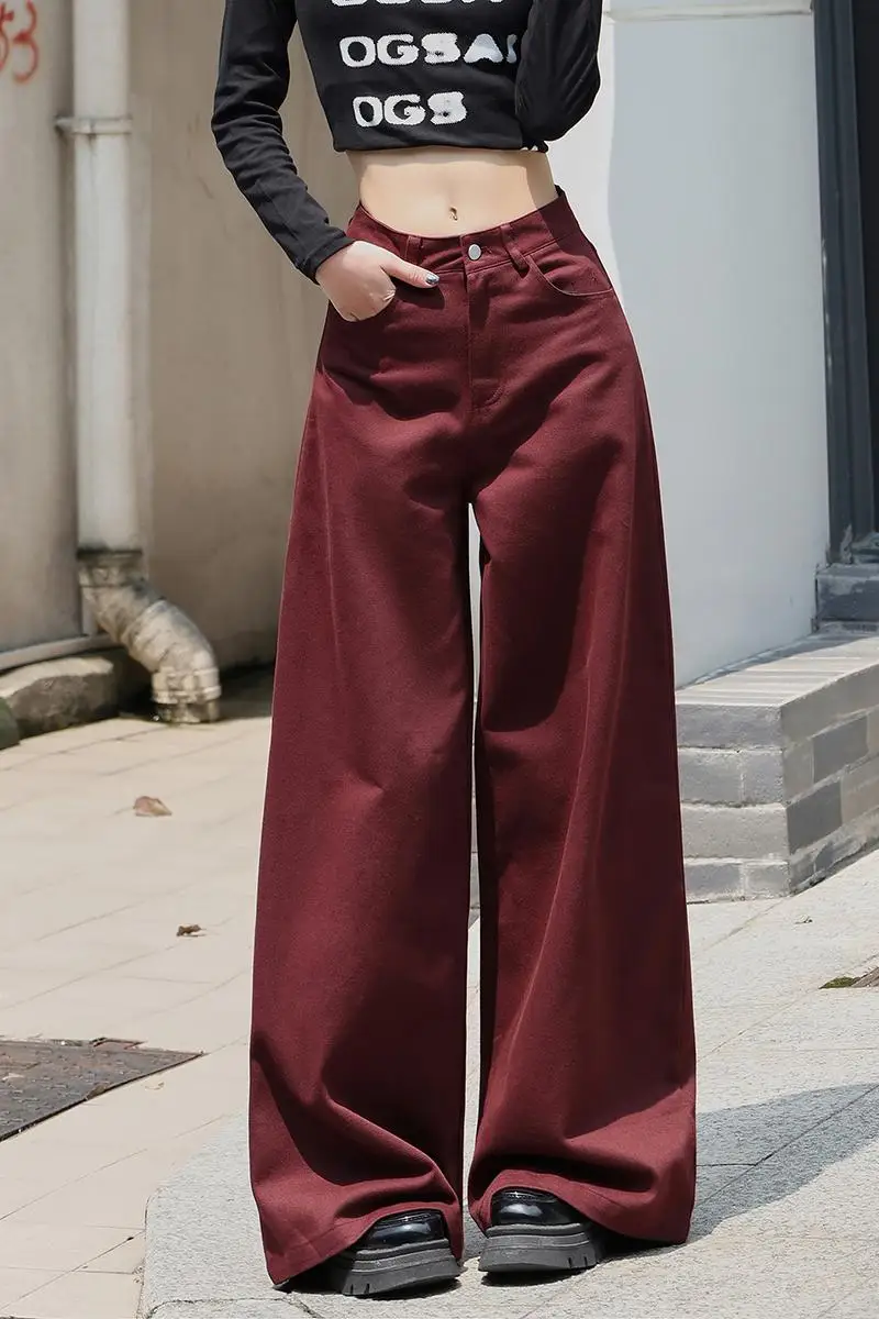 Three-proof fabric Medra Ankola red wide-leg jeans high-waisted loose and thin straight floor-mopping trousers...