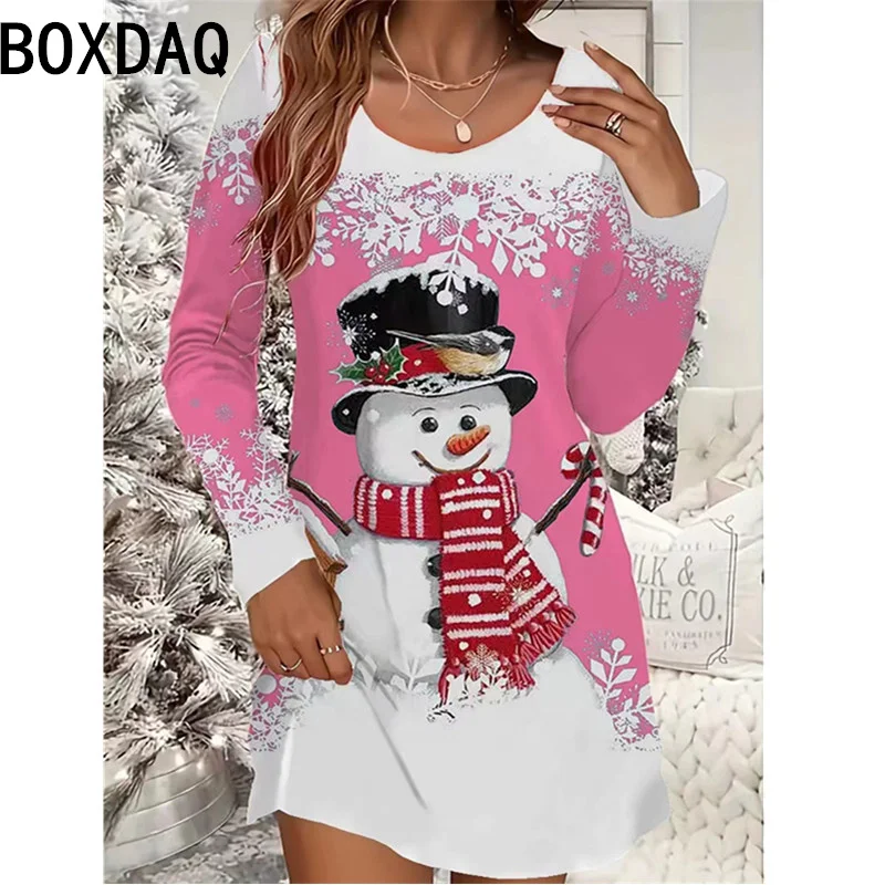 Ladies\' Christmas Party Dress New 3D Red Christmas Snowman Printed Dress Long Sleeve O-Neck Casual Loose Mini Dress Vestidos