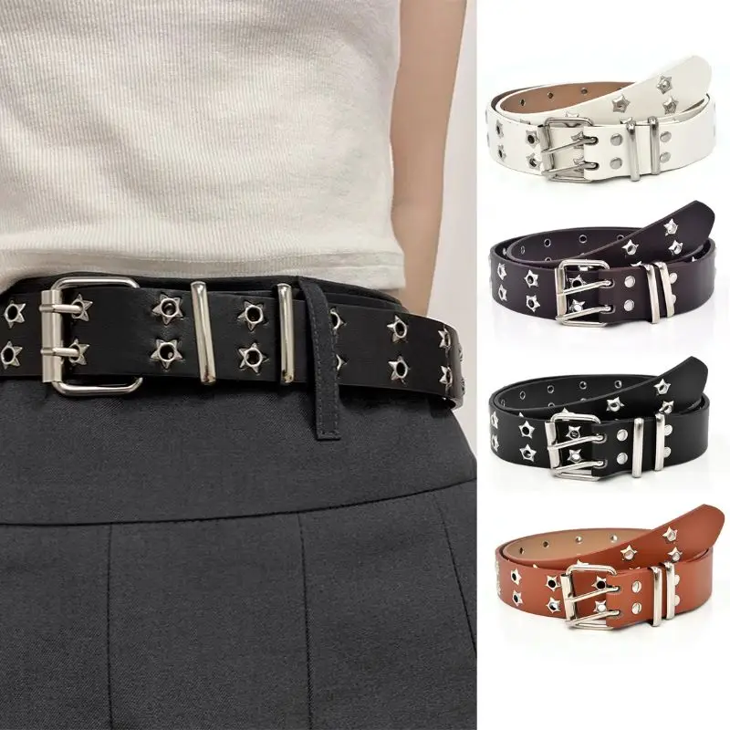 Women Double Star Holes Belts New Square Metal Belt Men And Women Punk Hardware Y2K Leather Dress Jeans Gothic Waistband