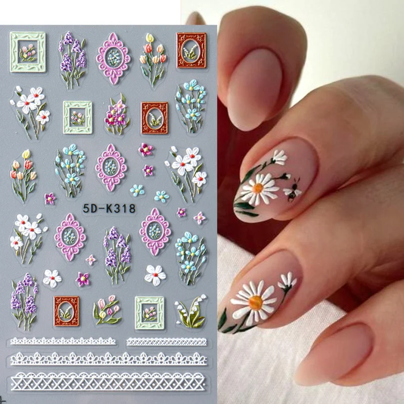 5D Spring Floral Nail Stickers Lavender Daisy Blossoms Lily Flower Designs Embossed Adhesive Decals Nail Art Decorations