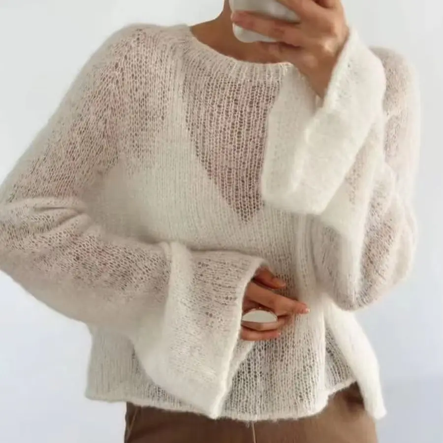 Women's pullover hollow solid color long sleeved hand woven comfortable loose mohair thin style Spring and Autumn new style