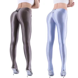 Sexy Women Oily gloss High elasticity zipper Leggings yoga fitness Show buttocks Tight pants Peach buttocks