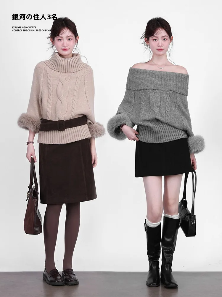 

Loose Furry One-oulder High Collar Knitted Sweater Women's Casual Sle Autumn Winter Faion Soft Touch Long Sve Top