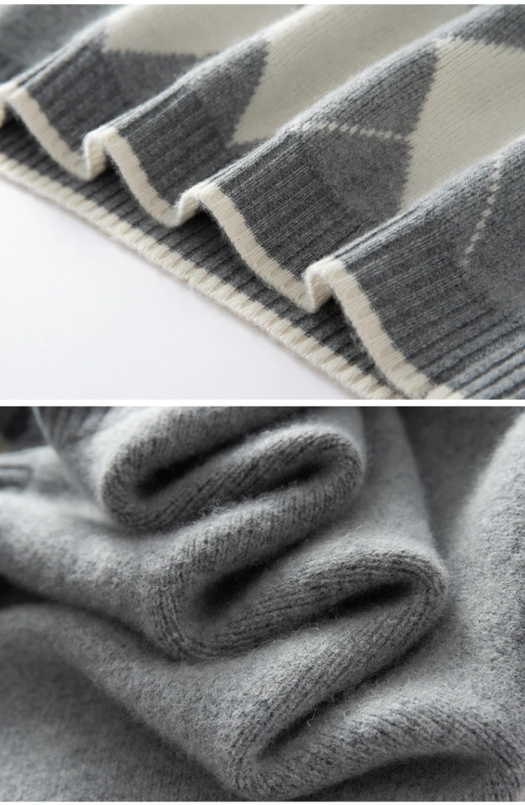 Damski sweter z kaszmiru 100%, wzór argyle, dekolt okrągły, kamizelka, pulower, styl art retro preppy, dzianina kaszmirowa, jesienno-zimowe topy bez rękawów.