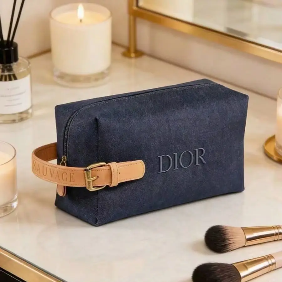 Christian Dior Dior's Bag Elegante, marineblaue Beauty-Tasche aus echtem Leder mit abnehmbarem Schultergurt, hochwertige tragbare Reisetasche