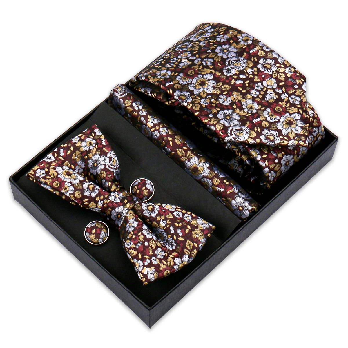 Luxury Elegant Men Suit Style Floral Paisley Striped Gift Box Tie Bow Tie Handchief Cufflink 4 Piece Business Wedding Partys