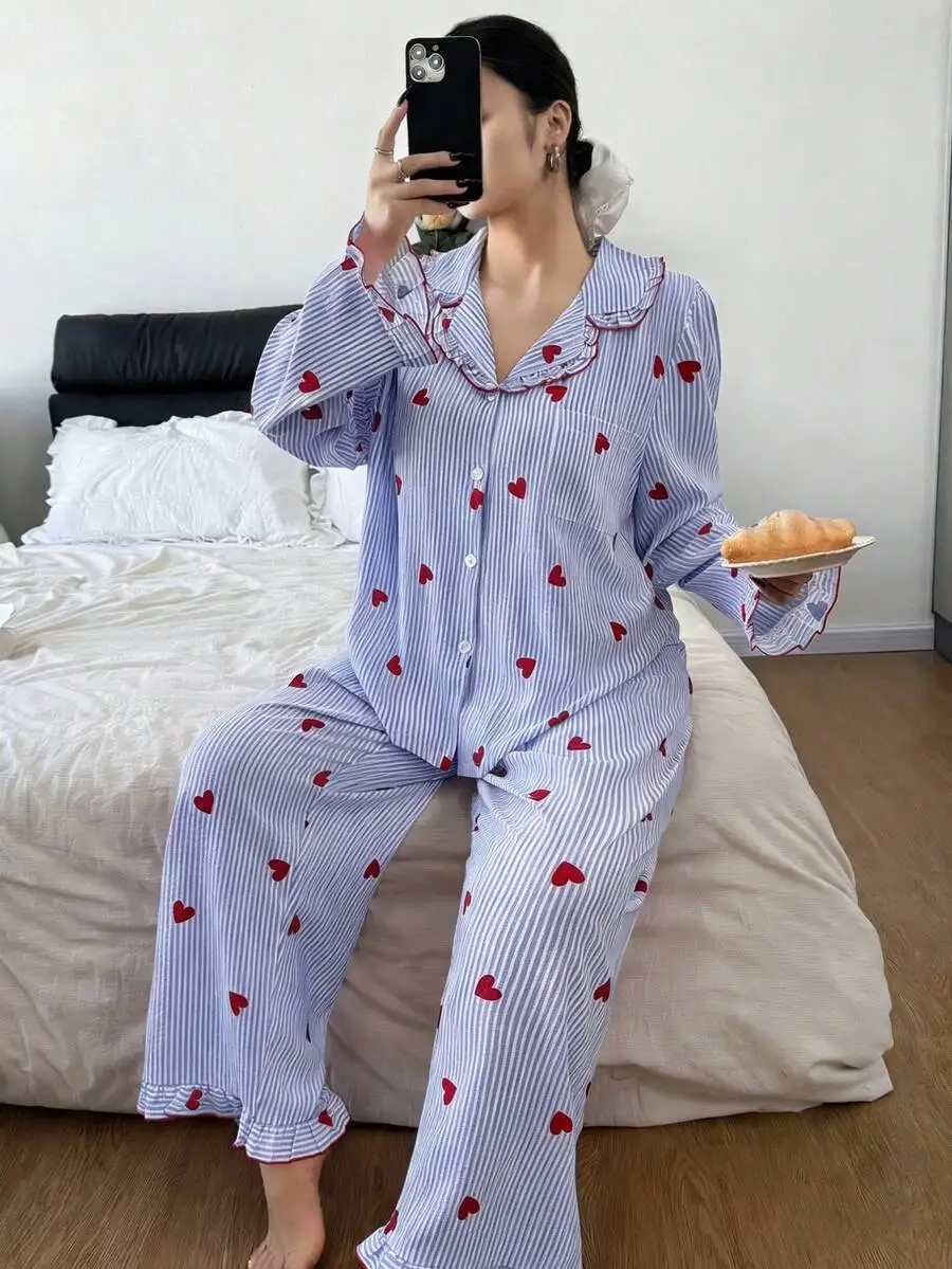 Plus Size Women Striped Heart Print Pajama Set With Mushroom Collar Fall Winter Sleepwear