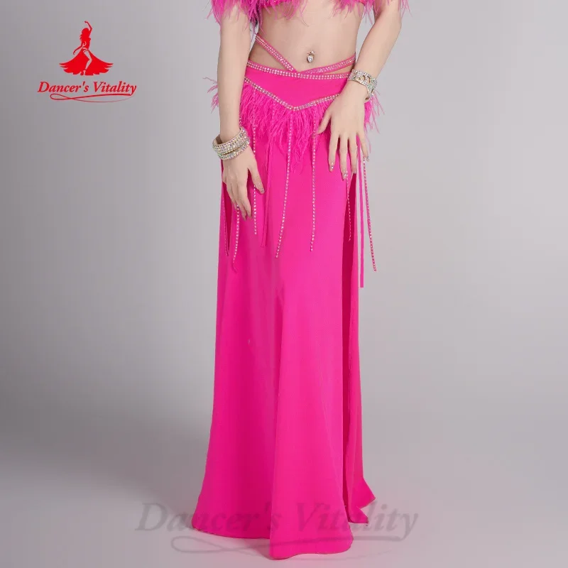 Kostium BellyDance dla kobiet dostosowany luksusowy biustonosz ze strasami + długa spódnica z frędzlami z piór 2 szt. Strój do tańca orientalnego