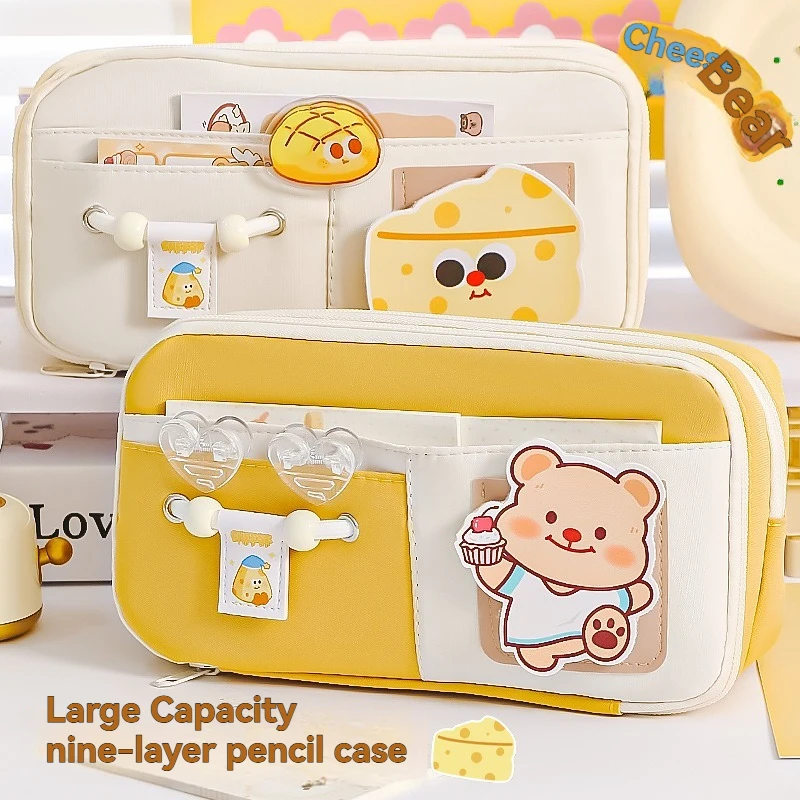 Cute Cheese Pencil Bag With High Appearance Niche Large Capacity Pencil Case Ins Style Multi-Layer Stationery Bag For Primary An