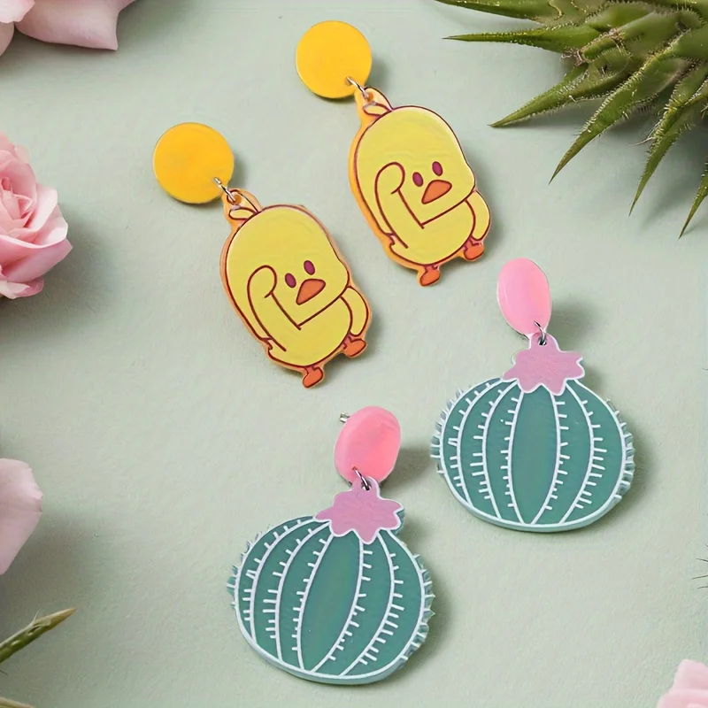 Sweet And Cute Cartoon Style Little Yellow Duck Cactus Ear Studs Minimalist Fashionable Design Earrings For women