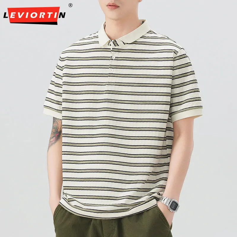 

Summer Trendy Brand Fashion Versatile Polo Shirt Men's Retro Rascal Handsome Loose and Simple Striped Ice Silk Collar T-shirt