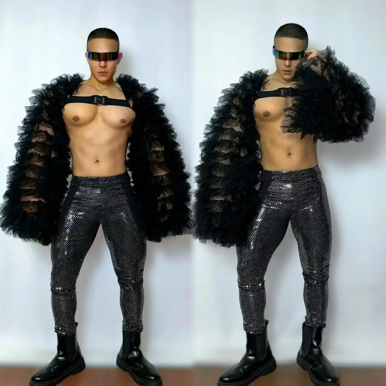 

Sexy Black Men's and women's Fluffy Sleeves Performance Set Nightclubs Male Singer DS Gogo Costumes Party Stage Dance Wear