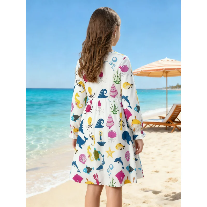 2025 Kids Long Sleeve Dress - Cute Sea Animal Print Back Drop Collar, Casual Bohemian Beach Vacation Dress