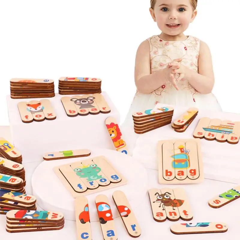 Wooden Short Vowel Spelling Games Wood Alphabet Puzzle Word Games Reusable Fine Motor Montessori Alphabet Toy For Kids Children