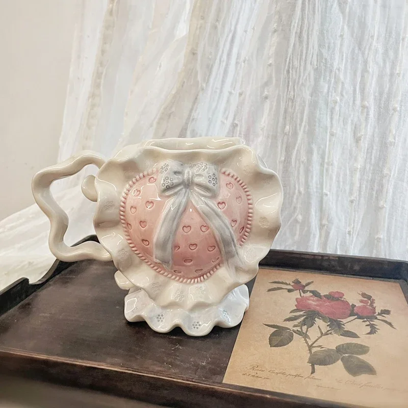 ‌Vintage Ceramic Mug & Heart Shape Teapot, Pink Ornamental Decor Plate, Housewarming Birthday Gift Set for Valentine's Day