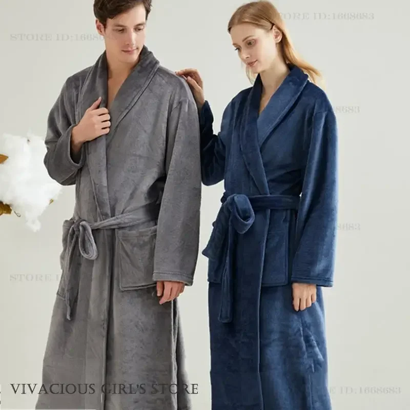 New Flannel Long Robe Home Dress Autumn Winter Thicken Warm Bathrobe Kimono Gown Sleepwear Loose Casual Coral Fleece Loungewear view 2
