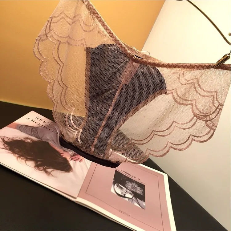 Celana dalam wanita, pakaian dalam wanita Satin renda tembus pandang ultra tipis jala katun selangkangan pinggang rendah Lingerie Prancis