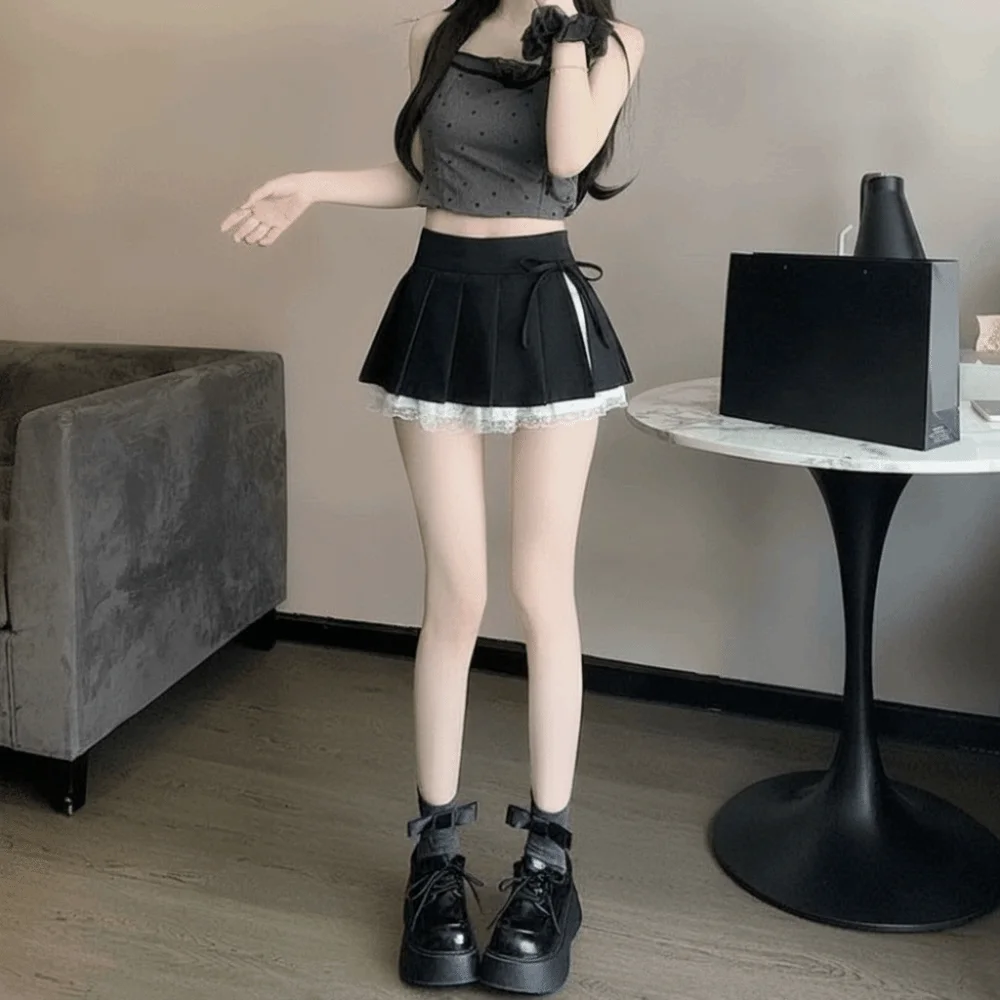 Lace Paneling Pleated A-Line Skirt Side Slit Plaid Mesh Stitching High Waist Skirt Built-in Shorts Polyester Lining