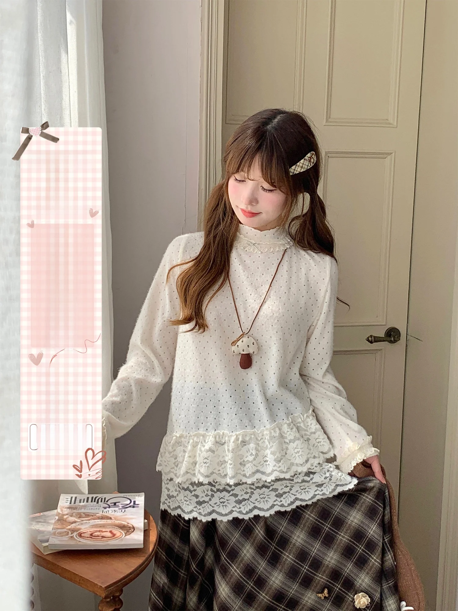 

Женская трикотажная кофта Bibi Bency с кружевной отделкой, высоким воротом, стандартным кроем, длинными рукавами, базовая, повседневная, трикотажная, для ношения под одеждой