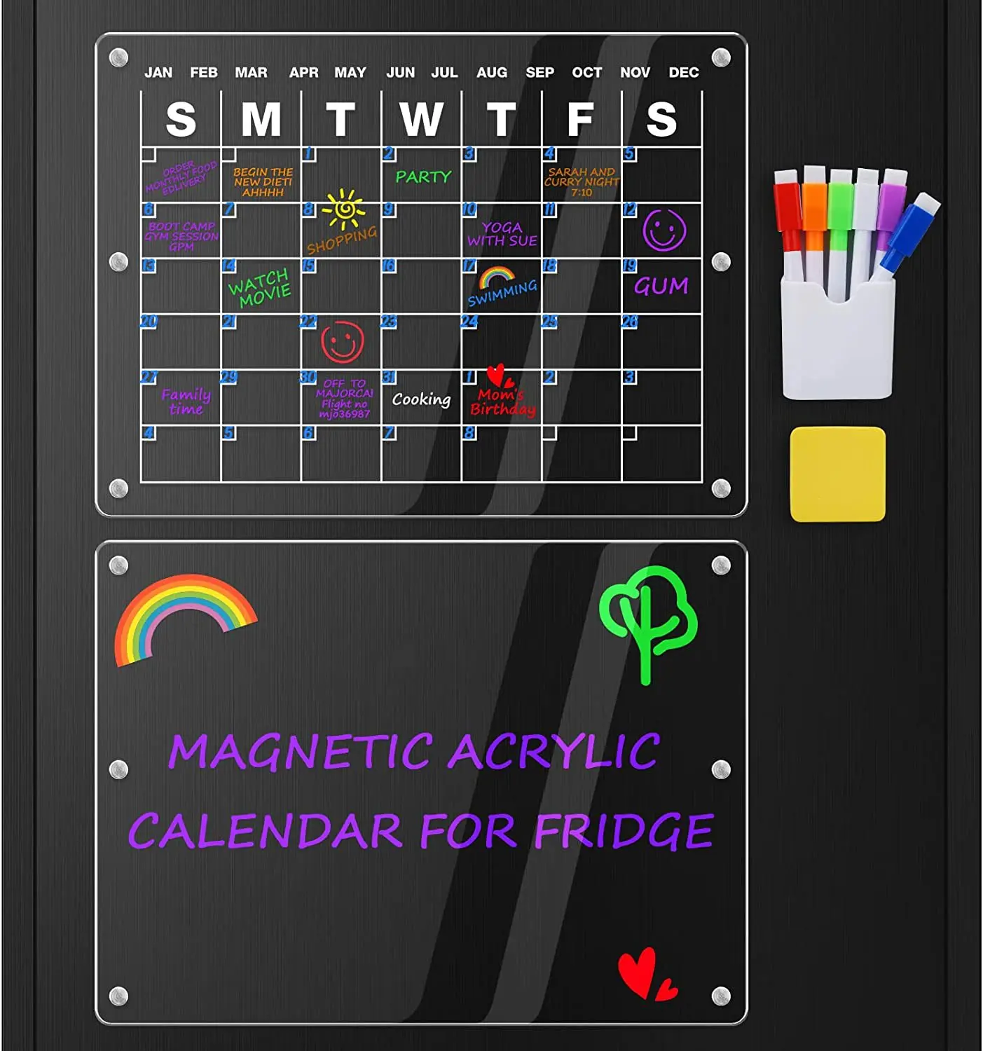 Magnetic Dry Erase Calendar for Fridge-Reusable Monthly&Weekly Planning Board List and Blank Board for All Smooth Surfaces