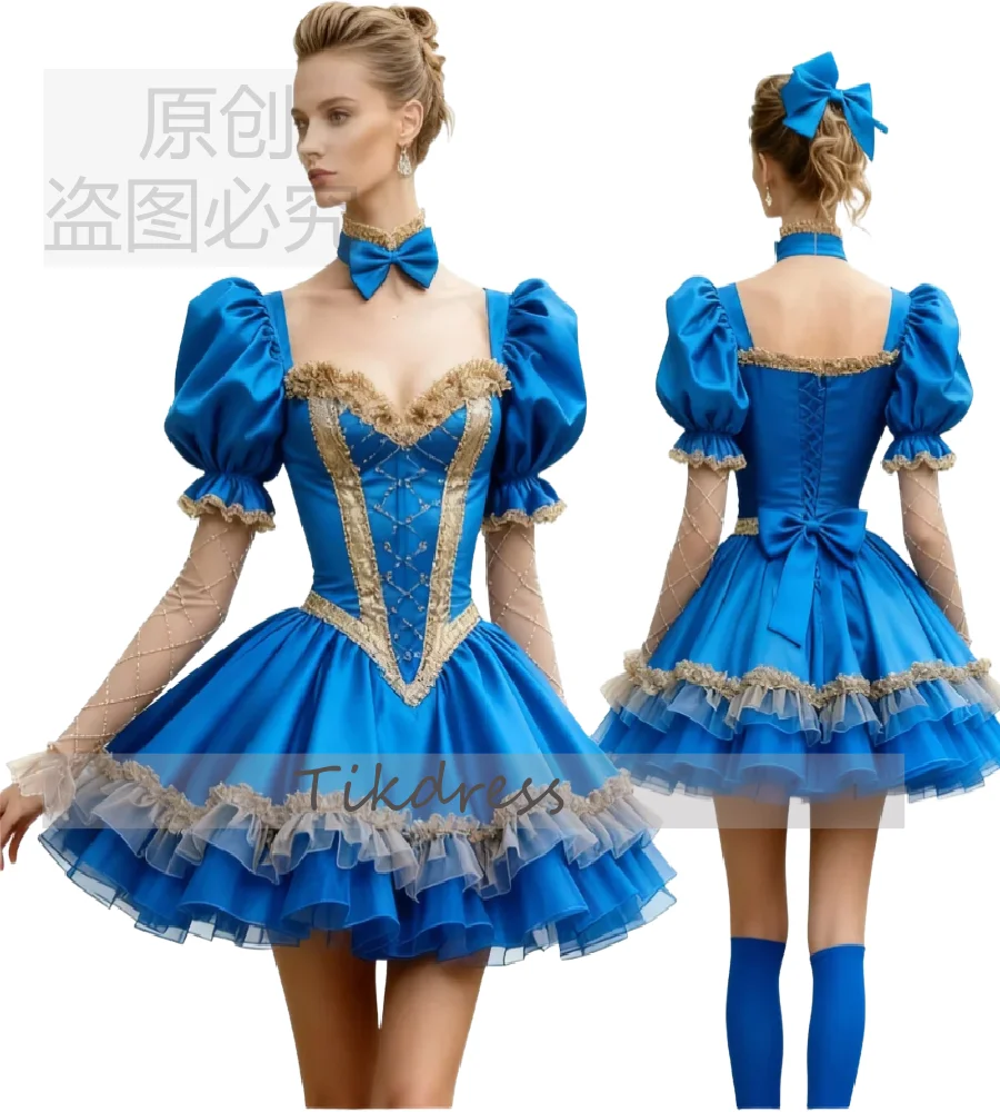 Cosplay Anime Blue Evening Dress With Gold Lace Sexy Mini Short Prom Dress 2026 Costume Lolita Steampunk Cocktail Dress Formal